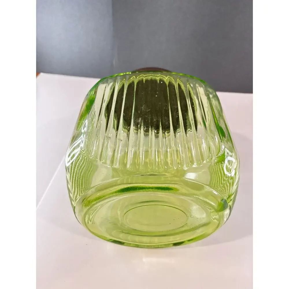 1930s Uranium Vaseline Glass Hoosier Style Canister Jar Ribbed UV Glow Lid